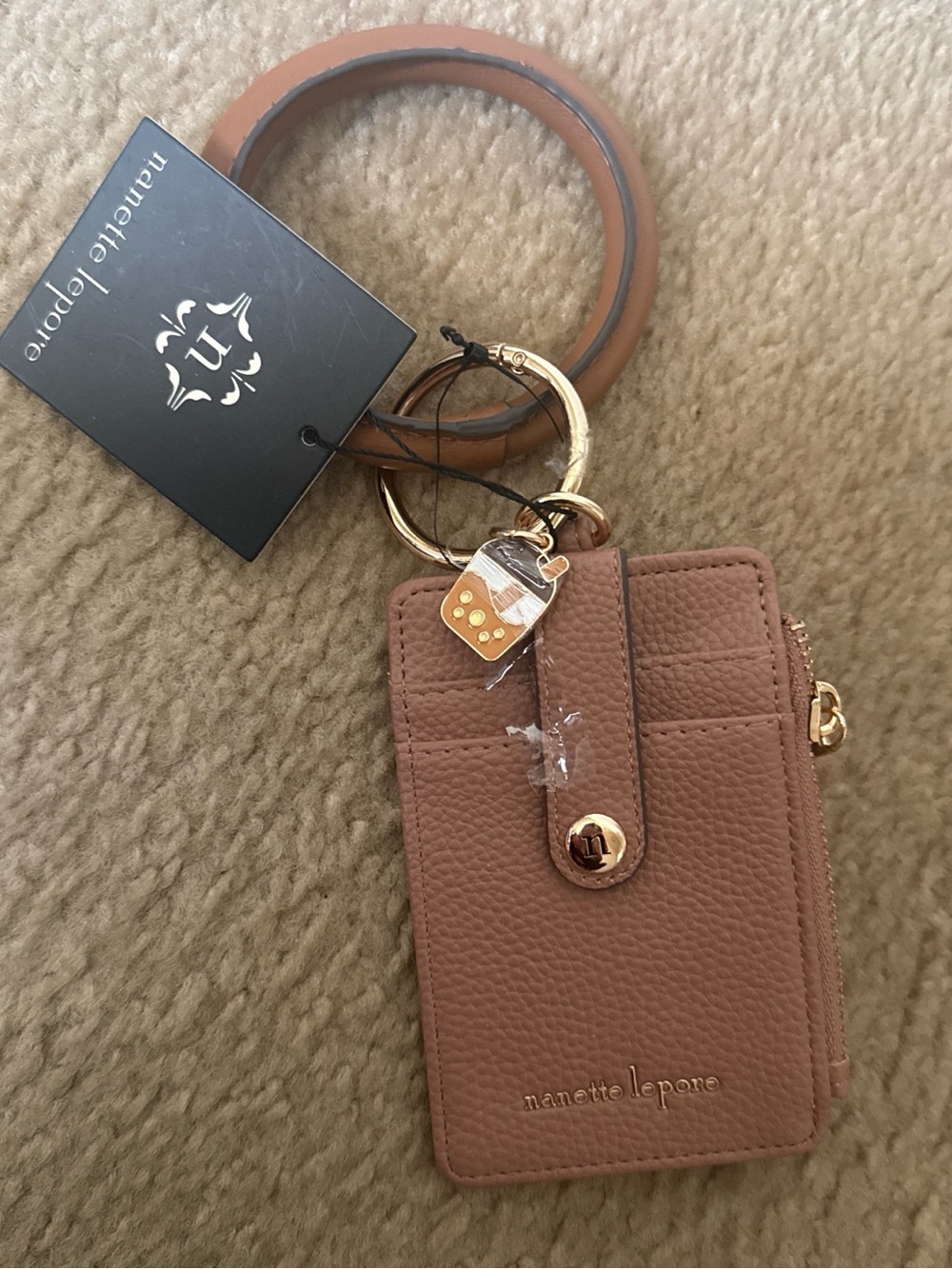 Nanette Lepore Rose Tan Pebbled Leather Cardholder Keyring